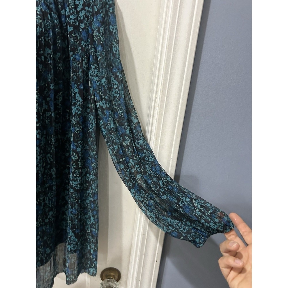 Terra Sky Plus Size 1X 16W 18W Blue Floral Sheer Long Sleeve Peasant Blouse - Picture 4 of 6